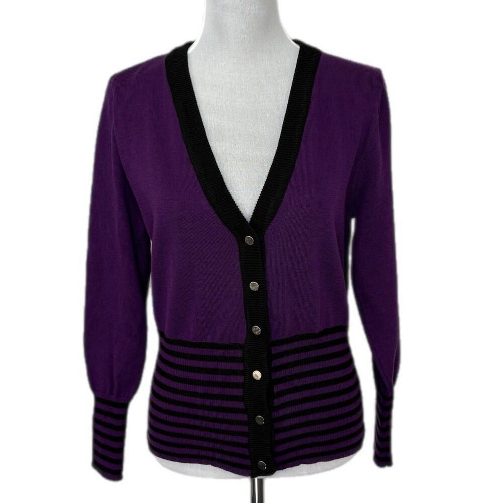 Mall Emo Revival 2010s Purple Black Stripe Cardigan - Women's Size L